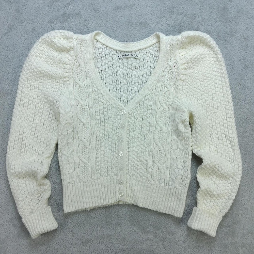 Abercrombie & Fitch Women Small Cream Cable Knit Puff Sleeve Cardigan Sweater